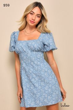 Make any spring day the best day with an adorable look like the Lulus Flawless Darling Blue Floral Chambray Tie-Back Mini Dress! Lightweight cotton-blend woven chambray shapes this too-cute dress that boasts a delicate floral print throughout as it shapes a lightly gathered bodice, a square neckline, and trendy puff sleeves with elastic at the shoulders and cuffs. The high, empire-style waist (with elastic at the back for fit) tops an A-line skirt that finishes at a flirty mini hem. Long tying s Honeymoon Dress, Mini Dress Floral, Casual Formal Dresses, Gathered Bodice, Honeymoon Outfits, Boho Mini Dress, Casual Wedding Dress, Chambray Dress, Super Cute Dresses