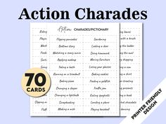 two cards with the words action charadess written in black and white on them