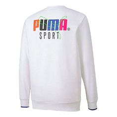 Men's PUMA Casual Sports Running Round Neck Pullover Long Sleeves White 598134-02 (Men's) Sportswear Sweatshirt With Logo Print For Sports, Sports Logo Print Sweatshirt, Logo Print Sports Sweatshirt, White Logo Print Sweatshirt For Sports, White Sports Sweatshirt With Logo Print, White Sports Sweater With Letter Print, White Sportswear Sweatshirt For Sports, Three Stripes Branding Long Sleeve Sweatshirt For Sports Events, Long Sleeve Sweatshirt With Three Stripes For Sports