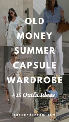 Upgrade your summer look with our Old Money Summer Capsule Wardrobe! We've put together 15 elegant outfit ideas that will awaken your old money style with a mix of 25+ chic summer essentials. Feel confident owning your aesthetic this summer with the relaxed yet refined old money summer style. These outfit ideas are truly an inspiration for crafting your timeless capsule wardrobe. Plus: old money look, old money summer outfits, quiet luxury. Old Money Outfits Summer 2024, Timeless Summer Outfits, Capsule Wardrobe Outfit Ideas, Elegant Outfit Ideas, Dress Old Money, Old Money Summer, Capsule Wardrobe Women, Classic Wardrobe Essentials, Capsule Wardrobe Essentials