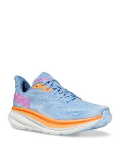 Hoka Women's Clifton 9 Running Sneakers Functional Blue Sneakers For Spring, Blue Athleisure Running Shoes For Spring, Light Blue Casual Running Shoes With Air Cushioning, Casual Light Blue Running Shoes With Air Cushioning, Light Blue Running Sneakers With Air Cushioning, Blue Running Shoes With Branded Insole And Medium Fit, Spring Blue Running Shoes With Boost Midsole, Blue Running Shoes For Spring, Blue Sneakers With Air Cushioning For Spring