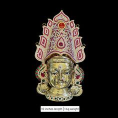 Design by Classical Dance Jewelry® ❥ Product Details: Designer Brass decorated Goddess Varalakshmi Ammavaru Face , Crown kireetam 9 Piece set ❥ Material is Brass alloys ❥ Color: Gold, Brass ❥ Beautiful Goddess Lakshmi face set used for varalakshmi Vratham ❥ Beautifully embossed mask used for pooja during Varalakshmi Vratham ❥ Very Heavy Face ❥ Beautifully decorated mask used for pooja during Varalakshmi Vratham ❥ Completely Decorated with High Quality Stones and pearls 🎈We will send item that a Varalakshmi Vratham, Classic Dance, Face Jewellery, Classical Dance, Dance Jewelry, Beautiful Goddess, Face Earrings, Goddess Lakshmi, Out Of Shape