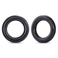 two black plastic rings are shown on a white background, one is round and the other has