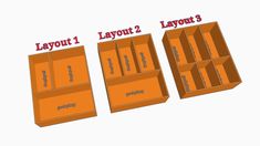 three cardboard boxes with labels on them and the words layout 1, layout 2, layout 3