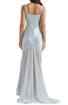 Bring sultry elegance to your next special event in this romantic gown that's made in panels of lustrous satin with sculptural seams that enhance your figure. The asymmetric skirt is made from floaty, sheer chiffon that flows into a dramatic sweeping train. Exclusive retailer Hidden back-zip closure Square neck Sleeveless Lined 75% acetate, 25% polyester with 100% polyester contrast Dry clean Imported Satin V Neck Dress, Fitted Pre-draped Organza Evening Dress, Formal Silk Gown With Sheer Bodice, Silk Evening Dress With Sheer Fitted Bodice, Satin Finish Fitted Bodice Maxi Evening Dress, Pre-draped Floor-length Evening Dress With Fitted Bodice, Pre-draped Fitted Bodice Floor-length Evening Dress, Floor-length Pre-draped Fitted Bodice Evening Dress, Fitted Bodice Maxi Evening Dress With Satin Finish