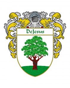 the coat of arms of deluss is shown on a white background with green grass and trees