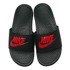 NIKE BENASSI JDI SLIDES MENS Casual Slip-on Flip Flops For Streetwear, Casual Sports Flip Flops With Open Toe, Casual Open Toe Flip Flops For Sports, Black Sandals With Red Sole And Open Toe, Black Open Toe Sandals With Red Sole, Nike Slides With Rubber Sole, Casual Sports Slides Slip-on, Casual Slip-on Sports Slides, Nike Casual Slides