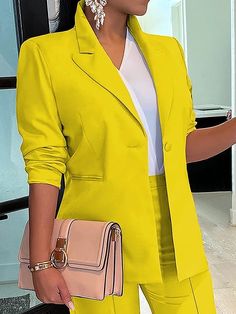 Buy Inexpensive Blazers at Stylewe online store, SPU: 1IBL1A429E, Color: Yellow, Activity:Commuting, Clothes Length:Regular. Yellow Two Piece, Two Piece Short Set, Yellow Blazer, Types Of Coats, Two Piece Pants Set, Turndown Collar, Long Sleeve Blazers, Collar Designs, Yellow Fashion