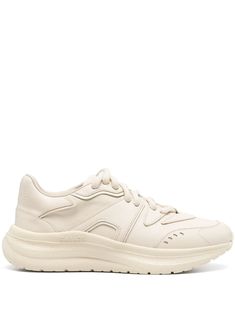 cream white calf leather panelled design perforated detailing branded heel counter almond toe front lace-up fastening branded insole chunky rubber sole Brown Sneakers, Sneaker Wedge, Moto Boots, Running Sneakers, Leather Mini, Sneakers White, Sneakers Black, Cream White, High Heel Shoes