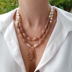 Chunky statement gemstone beaded necklace for women with large natural sunstone and pearl beads. Beige white gold handmade necklace will be a unusual Christmas, anniversary or birthday gift for wife, mom, girlfriend, sister or daughter. Matching earrings go as a gift to the necklace.  Big bold bohemian bright necklace in gold color are suitable for an casual look, evening look and for a holiday. These necklace Women's necklace with natural stone. It emphasizes the beauty of your neck and adds ch Elegant Handmade Double Strand Beaded Necklace, Elegant Pearl White Jewelry With Gemstone Beads, Double Strand Pearl Necklaces With Gemstone Beads, Bohemian Double Strand Pearl Necklace Gift, Elegant Handmade Double Strand Crystal Necklaces, Elegant Handmade Double Strand Crystal Necklace, Handmade Pearl Jewelry With Oval Beads, Elegant Beaded Crystal Necklace With Oval Beads, Elegant Jewelry With Oval Natural Stones