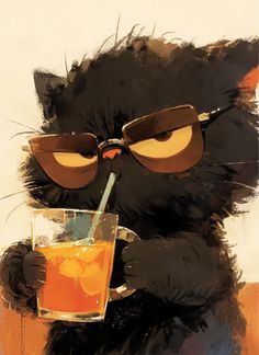 a black cat with glasses holding a drink