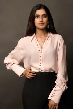 Shop for Jasmine Bains Pink Cupro Georgette Cuff Sleeves Shirt for Women Online at Aza Fashions Shirt Design For Women, Stylish Kurtis Design, Buttoned Shirt, Kaftan Style, Georgette Tops, Moon Photography, Business Shirts, Jumpsuit Fashion, Shirt For Women