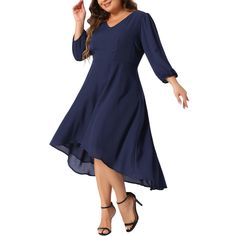 A plus-size brand inspired by the needs of its customers. It can match you on various occasions, by the proper tailoring to show your perfect curve. You deserve this beautiful wedding guest dress for almost all casual or semi-formal occasions, remember not only wear it for once! Step into the spotlight at your next wedding as a distinguished guest with this asymmetrical hem A-line midi dress. The elegant A-line silhouette flatters every body type, while the asymmetrical hemline adds a contempora Semi Formal Dresses Plus Size, Formal Dresses Plus Size, Dresses Dark Blue, Dresses For Apple Shape, Sheer Maxi Dress, Banquet Dresses, Semi Formal Dress, Plus Size Brands, Semi Formal Dresses