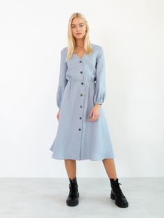 "DIA is a long sleeve midi linen dress with coconut buttons. DETAILS - Coconut buttons - Long sleeves - Midi length - 100% lightweight European linen fabric - Cut and sewn to order just for you in our studio COLOR - Bluestone, you can also choose other colors above - Fabric samples are available here https://www.etsy.com/listing/586569696/linen-fabric-samples SIZING & FIT - True to size - Length is approximately 44 inches / 113 cm - Bust (pit to pit) is approximately 16.5 inches / 42 cm - Wa Linen Shirt Dress For Day Out In Fall, Fall Linen Shirt Dress For Day Out, Casual Linen Midi Dress For Brunch, Casual Linen Midi Dress With Buttons, Casual Long Sleeve Midi Dress With Button Cuffs, Relaxed Fit Midi Dress With Buttons, Spring Linen Dress With Button Closure For Day Out, Spring Workwear Linen Dress With Buttons, Long Sleeve Linen Dress With Buttons For Work