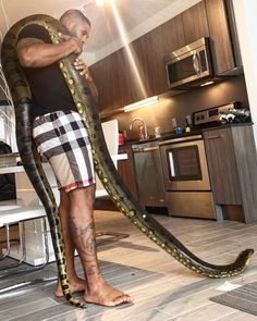 a man is holding a large snake in his hand while standing on the kitchen floor