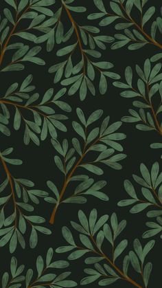 a green leafy pattern with brown stems on a black background for wallpaper or fabric