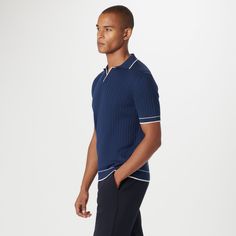 Crafted in a durable blend of cotton and polyester, this rib-stitch short-sleeved polo sweater showcases a solid flat knit Johnny collar, armbands, and waist. Soft against the skin with comfort stretch and added strength for lasting wear, it strikes the perfect balance between comfort and durability. Johnny Collar, Rib Stitch, Polo Sweater, End Of Season Sale, Arm Band, Navy, Collar, Skin, How To Wear