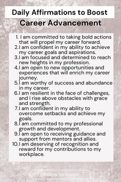 a poster with the words'daily affirmations to boot career advancement'on it