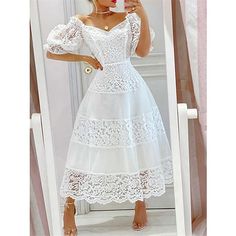 Season:Summer; Fabric:Lace,Polyester; Sleeve Length:Half Sleeve; Look After Me:Machine wash; Gender:Women's; Style:Streetwear,Maxi,A Line; Elasticity:Micro-elastic; Occasion:Holiday,Street,Vacation,Date; Fit Type:Loose Fit; Dresses Type:White Dress,White Lace Wedding Dress; Design:with Sleeve; Neckline:Off Shoulder; Listing Date:02/23/2024; Bust:; Length:; Fit US Size:; Fit UK Size:; Fit EU Size:; Dress Length Type:Midi Dress; Print Type:non-printing White Floral Print Dress, Women Lace Dress, Maxi Dress Outfit, Floral Embroidered Dress, Puff Sleeve Dress, White Dresses For Women, Lace Dress Long, Puff Sleeve Dresses, Puffed Sleeves Dress