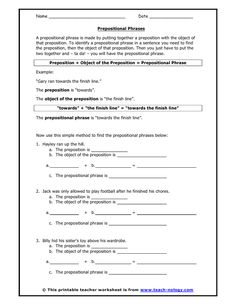 a worksheet with the words prepositional phrases