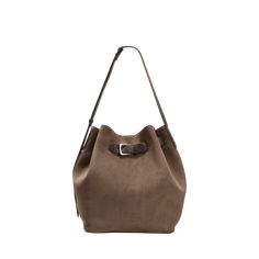 Brunello Cucinelli bucket bag in soft velour leather  Adjustable shoulder strap Open top with adjustable buckle strap  Approx. 12.2"H x 10.2"W x 6.7"D Made in Italy Chic Suede Bucket Bag With Removable Pouch, Luxury Suede Bucket Bag For Everyday, Luxury Everyday Suede Bucket Bag, Classic Suede Shoulder Bag With Palladium Hardware, Leather Bucket Shoulder Bag With Palladium Hardware, Leather Shoulder Bag With Palladium Hardware Bucket Shape, Suede Shoulder Bucket Bag, Elegant Suede Bucket Bag Tote, Luxury Everyday Shoulder Bag With Buckle Closure