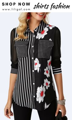 USD33.00   Button Up Curved Hem Printed Black Shirt   #liligal #blouse #tshirt Flower Print Blouse, Boutique Style Outfits, Trendy Tops For Women, Black And White Shirt, Turndown Collar, Ladies Dress Design, Trendy Tops, Upcycle Clothes