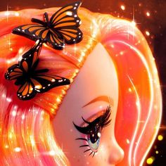 a woman with orange hair and butterflies on her head