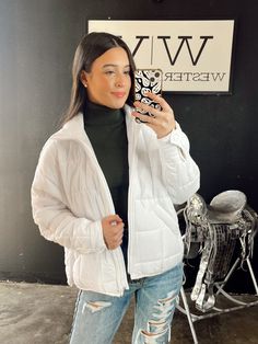 This cute quilted jacket is seriously the comfiest & coziest of all time! We can't get enough! Features pockets & a zipper front closure. 100% Nylon Pressley is 5'4", a size 25 & extra small top wearing a small Long Sleeve Quilted Jacket For Cold Weather, Cold Weather Quilted Jacket With Zipper, Quilted Long Sleeve Jacket For Cold Weather, Quilted Jacket With Zipper Closure For Cold Weather, Trendy Quilted Puffer Jacket For Cold Weather, Quilted Long Sleeve Puffer Jacket For Fall, Quilted Long Sleeve Fall Puffer Jacket, Trendy Quilted Long Sleeve Puffer Jacket, Trendy Spring Quilted Jacket For Cold Weather