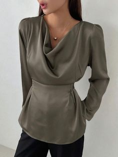 DAZY Women's Puff Long Sleeve Blouse With Cowl Collar Elegant Lantern Sleeve Blouse In Solid Color, Chic Solid Color Party Blouse, Elegant Blouse With Lantern Sleeves In Solid Color, Elegant Solid Color Party Tops, Elegant Fitted Tops, Elegant Solid Color V-neck Blouse, Elegant V-neck Blouse In Solid Color, Elegant V-neck Solid Color Blouse, Elegant Fitted Solid Color Blouse