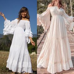 two women in white dresses standing next to each other and one wearing a dress with long sleeves