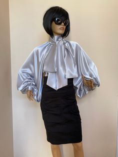 "This is a very stylish Womens Satin blouse. It is comfortable and cozy. Made for a free flowing fit. Great for all year around and for any special occasion or casual day can be dressed up or dressed down. SIZE CHART SIZE S - US 6, UK 8, EU 36 bust: bust around 34.5\"/90cm Waist: waist around 27.5\"/70cm Hips: hips around 34.5\"/90cm SIZE M - US 8, UK 10, EU 38 bust: bust around 37.5\"/95cm Waist: waist around 29.5\"/75cm Hips: hips around 37.5\"/95cm SIZE L - US 10, UK 12, EU 40 bust: bust arou Elegant Party Top With Bow, Elegant Evening Tops With Gathered Sleeves, Chic Evening Blouse With Gathered Sleeves, Elegant Tops With Satin Bow For Spring, Elegant Spring Tops With Satin Bow, Evening Blouse With Gathered Sleeves For Fall, Fall Evening Blouse With Gathered Sleeves, Elegant Evening Blouse With Blouson Sleeves, Elegant Solid Blouse With Blouson Sleeves