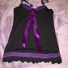 Nwot Black Camisole With Purple Lace From Japan. Size Xs/A Cup. Fitted Purple Tank Top With Built-in Bra, Purple Camisole Tank Top For Party, Purple Fitted Tank Top With Spaghetti Straps, Purple Spaghetti Straps Tank Top For Party, Fitted Purple Tank Top For Night Out, Fitted Purple Cami Tank Top, Fitted Purple Camisole With Spaghetti Straps, Purple Stretch Camisole, Stretch Purple Camisole