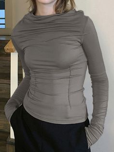 Solid Cowl Neck Ruched Long Sleeve Tee Prom Dresses Long With Sleeves, Solid Clothes, Grunge Style, Crop Top Blouse, Grunge Fashion, Long Sleeve Maxi Dress, Long Sleeve Crop Top, Long Sleeve Tee, Short Tops