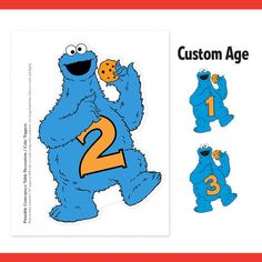 the cookie monster has two numbers on his chest and is holding an apple in one hand