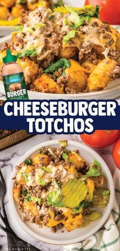 cheeseburger totchos with lettuce, tomatoes and other vegetables on the side