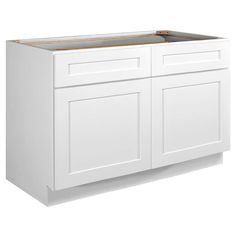 a white kitchen cabinet with two doors and one drawer on the left side, in front of a white background