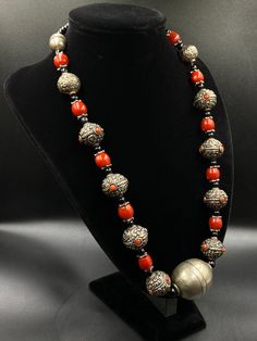 Amazing Ethnic Necklace Bamboo Coral Beaded Necklace With Large Moroccan Silver Bead and Beautiful Handmade Tibetan Silver Beads With Coral Necklace Weight : 118.8 grams Bohemian Jewelry With Large Beads For Rituals, Colorful Round Beads Jewelry For Rituals, Artisan Beaded Necklaces For Festivals, Artisan Beaded Necklaces For Rituals, Artisan Necklace With Large Beads For Rituals, Spiritual Beaded Necklace For Ceremonial Occasions, Bohemian Necklace With Large Beads For Ceremonial Use, Bohemian Necklace With Large Beads For Ceremonial Occasions, Artisan Silver Beaded Necklaces For Festivals