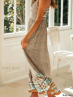 Katykey - Chic Bohemian-Style Floral Print Ankle Cami Dress, Elegant Boho Ruffle Hem Backless Spaghetti Dress, Womens Fashion Apparel Spring Bohemian Ankle-length Dress, Non-stretch Bohemian Sundress For The Beach, Bohemian Fitted Ankle-length Dress, Fitted Ankle-length Bohemian Dress, Bohemian Printed Dress With Spaghetti Straps, Bohemian Printed Sundress With Spaghetti Straps, Spring Boho Print Maxi Dress With Spaghetti Straps, Bohemian Dresses With Boho Print And Spaghetti Straps, Bohemian Dresses With Spaghetti Straps And Boho Print