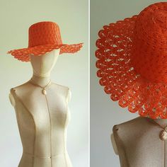 Absolutely darling vintage hat in crushproof woven plastic features a lacy weave and bright pop of bright orange -- and is so detailed it looks just like raffia! Excellent condition. Perfect with everything from swimwear to dresses. Era: 1960s/1970s Head circumference of mannequin: about 21 inches Swimsuit Shorts, Floppy Sun Hats, Cream Lace Dress, Beach Hats, Vintage Hat, Short Jeans, Beautiful Hats, Cream Lace, Cropped Style