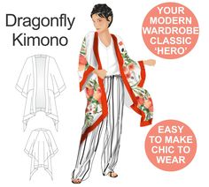 the dragonfly kimono sewing pattern is shown with instructions for how to wear it