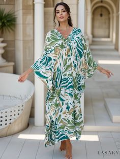 Lasaky - Premium Plus Size Womens Casual Cover Up Dress: Elegant Bat Sleeve V-Neck Dress with Random Print and Subtle Stretch Green Long Sleeve Maxi Dress For Beach Season, Long Sleeve Green Maxi Dress For Beach Season, Green Printed Dresses For Beach Season, Green Printed Dress For Beach Season, Green Bohemian Dress With Split Neck, Flowy Split Neck Dress For Vacation, Green V-neck Dress For Vacation, Flowy Beach Dress With Split Neck, Green Tunic Maxi Dress For Vacation