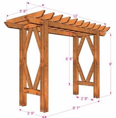 a wooden structure with measurements for the top and bottom sections, including an attached pergolan