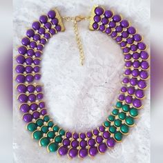 Beautiful Collar Necklace By Iman Beautiful Purple And Green Beads Graduating From 12 Mm To 10 Mm To 8 Mm Beads Three Rows In Gold, With Clear Crystals. 16" With 3" Extender Lobster Claw Catch. New. With Tags Price Is Firm Purple Beaded Chain Jewelry For Party, Purple Large Beaded Necklace, Purple Necklaces With Colorful Round Beads, Purple Beaded Chain Necklace With Round Beads, Purple Beaded Necklace With Large Beads For Party, Purple Round Beads Jewelry For Party, Adjustable Beaded Purple Pearl Necklace, Adjustable Purple Beaded Pearl Necklace, Elegant Purple Necklace With Large Beads