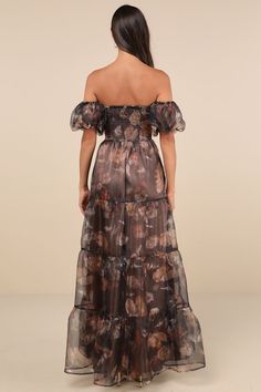 Show off your perfect poise with a lil' bit of charm and the Lulus Exquisite Finesse Brown Floral Organza Maxi Dress With Pockets! A lovely floral-inspired print accents airy woven organza as it shapes a princess-seamed bodice and an off-the-shoulder neckline (with hidden no-slip strips), framed by short puff sleeves with elastic at the cuffs. The high, fitted waist tops a twirl-worthy, tiered A-line skirt with side seam pockets and a sweeping maxi hem. Smocked panel at the back allows for the p Organza Maxi Dress, Maxi Dress With Pockets, Wedding Weekend, Brown Floral, Tiered Dress, Dress With Pockets, Dresses Wedding, A Line Skirt, Puff Sleeves