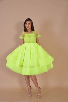 Neon Tulle Dress/ Party Neon Dress/ Festival Neon Dress/ Fancy | Etsy Knee-length Tulle Evening Dress, Green Organza Dress For Party, Spring Party Tulle Midi Dress, Green Tulle Dress For Prom Season, Party Midi-length Tulle Evening Dress, Short Sleeve Tulle Skirt Party Dress, Short Sleeve Tulle Party Dress, Tulle Tea Length Evening Dress, Knee-length Tulle Dress For Cocktail Parties