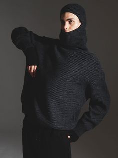 Editor's NotesThis relaxed sweater is topped with balaclava hood that's versatile to keep your face warm and also create naturally draped neckline. It is knitted from warm and soft wool-blend.- Hooded neck- Ribbed edges- Drop shoulder- Unisex wear- Relaxed fitMeasurements (in.)Size: 1 / 2- Total Length: 26.8 in. / 28.0 in. - Shoulder: 34.6 in. / 35.0 in.- Chest: 48.4 in. / 50.4 in.  - Hem: 38.2 in. / 40.2 in. Composition & Care- 30% Wool, 35% Acrylic, 35% Nylon- Do not water wash- Do not iro Cashmere Sweater With Funnel Neck For Winter, Winter Cashmere Sweater With Funnel Neck, Winter Wool Turtleneck With Knit Fabrication, Wool Turtleneck With Knit Fabrication For Winter, Winter Wool Knit Turtleneck, Wool Knit Turtleneck For Winter, Cold Weather Turtleneck With Funnel Neck, Winter Funnel Neck Sweater, Cozy Cashmere Hoodie For Winter