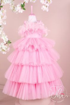 A sleeveless pink princess wedding dress. The dress has floor length skirt, satin top, and feathers on chest. Tulle Dress With Ruffles For Dress-up, Fitted Tulle Sleeveless Dress For Dress-up, Spring Ball Gown Tutu Dress For Dress-up, Spring Tulle Gown With Ruffles, Sleeveless Tulle Princess Dress For Summer, Sleeveless Summer Tulle Princess Dress, Sleeveless Organza Dress For Dress-up, Spring Ball Gown Dresses With Ruffles, Spring Ruffled Ball Gown Dresses