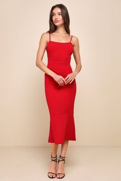 Red Trumpet Midi Dress - Tiered Midi Dress - Strappy Back Dress - Lulus Semi Casual Dresses, Sultry Dress, Old Hollywood Dress, Red Midi Dress Bodycon, Red Fitted Dress, Hollywood Dress, Red Cocktail Dress, Bodycon Skirt, Grad Dresses