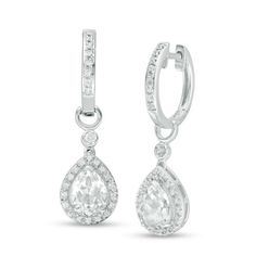 These exquisite diamond-touched drop earrings are a tantalizing look that doesn’t stop. Crafted in sterling silver, each earring glistens with a beautiful 8.0 x 6.0mm pear-shaped lab-created bright white sapphire outlined in glittering diamonds. A petite round bezel-set created sapphire accent and polished half-loop top the dangle, while additional created sapphires line the sculpted ear wire to complete this eye-catching style. Radiant with 1/5 ct. t.w. of diamonds and a brilliant buffed luster Luxury Teardrop Hoop Earrings In Sterling Silver, White Diamond-cut Teardrop Earrings, White Diamond Cut Teardrop Earrings, Bridal Dangle Earrings With Diamond Cut, Anniversary Teardrop Hoop Earrings In Fine Jewelry Style, Teardrop Hoop Earrings For Anniversary In Fine Jewelry Style, Fine Jewelry Teardrop Hoop Earrings For Anniversary, Timeless White Pear-shaped Earrings, Timeless White Diamond Dangle Earrings