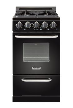 a black stove top oven with two burners and one door on the front, against a white background